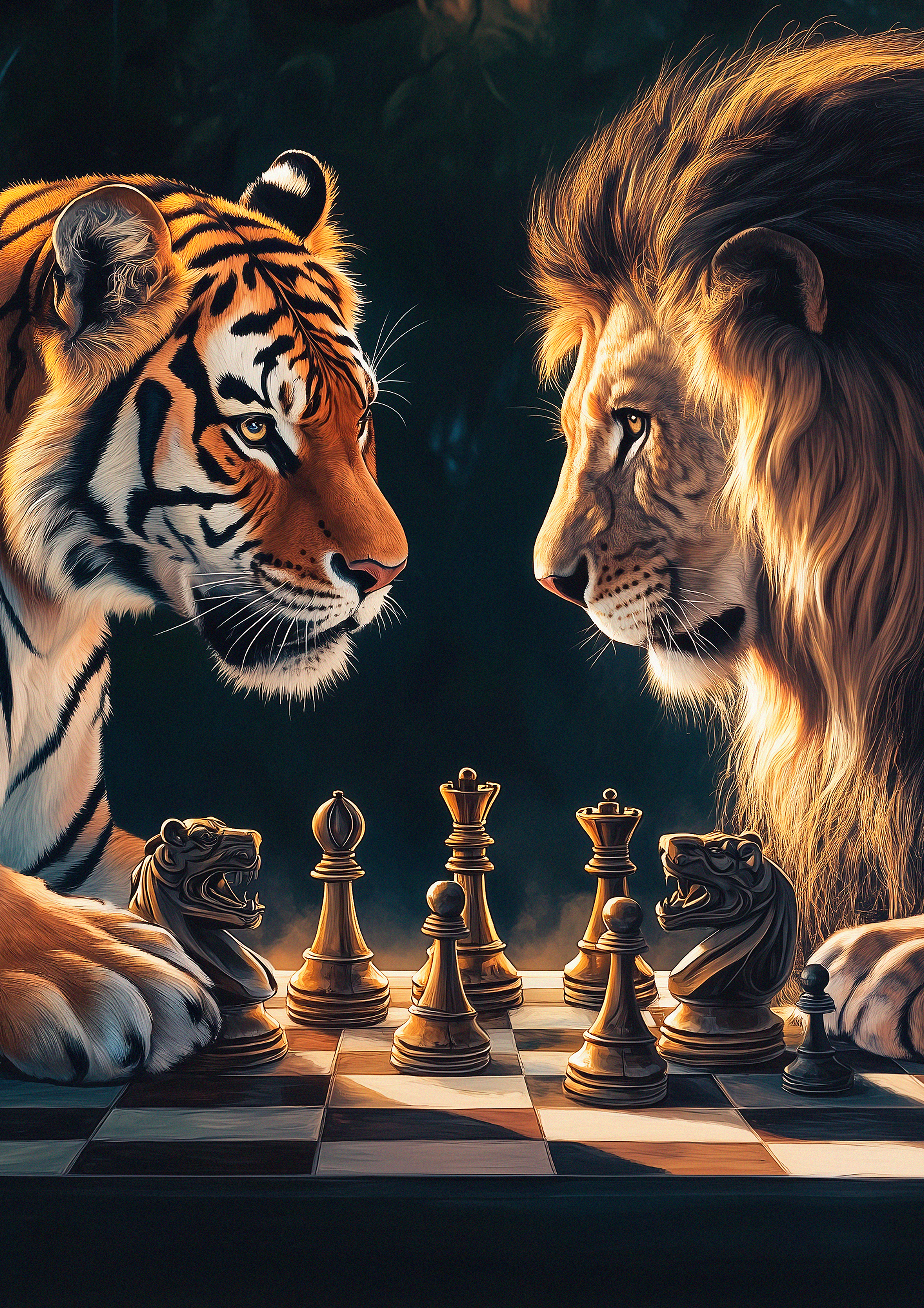 Tiger & Lion Chess Game metal poster artwork
